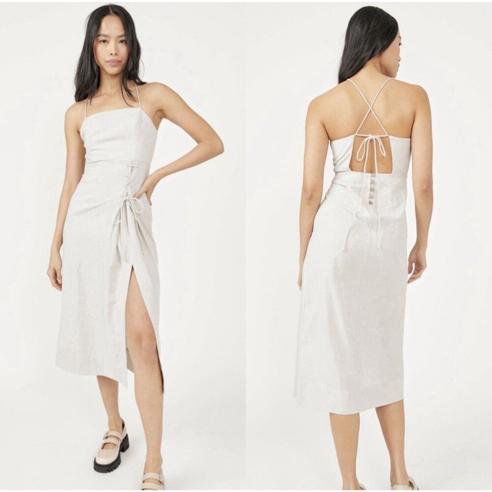 NWT Free People Francesca Linen Midi Dress Womens Sz L Ocean Pearl Lace Up Slit